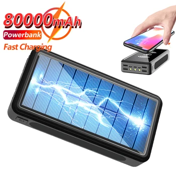 80000mAh QI Solar Power Bank Беспроводное быстрое зарядное устройство Наружный портативный блок питания Внешний аккумулятор для Xiaomi mi Samsung iPhone
