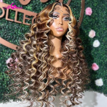 Цветной парик с изюминкой 27 13x4, Кружевной Фронтальный Парик, Прозрачный Кружевной Парик, Свободные Глубокие Парики из человеческих волос для Чернокожих женщин Remy Ali Coco
