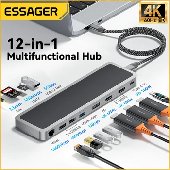 Essager 12 В 1 USB C Концентратор 4K60Hz Type-C с поддержкой 2HDMI USB 3.0 Адаптер для MacBook Pro Air M2 Адаптер Аксессуары для ПК Ноутбуков