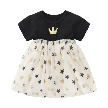 Летнее Тюлевое платье для маленьких девочек, Хлопковые платья с короткими рукавами для малышей, Сетчатые платья с принтом звезд, одежда с круглым вырезом для младенцев, Vestido