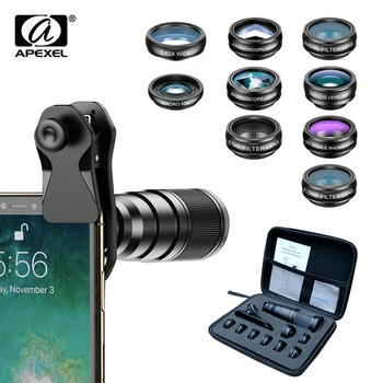 APEXEL 10 в 1 Комплект объективов для мобильного телефона 22X Телеобъектив Рыбий Глаз Широкоугольный Макрообъектив + Фильтры CPL Star Flow для всех смартфонов