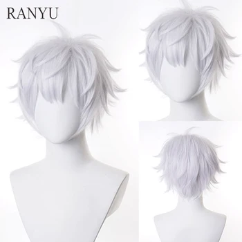 RANYU Белый мужской парик короткие прямые синтетические волосы аниме высокотемпературное волокно для косплей вечеринки