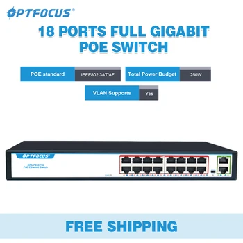 Коммутатор POE OPTFOCUS Vlan 48V POE 16 портов 1000 Мбит/с + 2 гигабитных коммутатора Ethernet Rj45 по восходящей линии