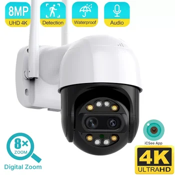 4K 8MP WIFI Камера Двухобъективная Камера Безопасности CCTV Купольная PTZ-камера Видеонаблюдения Ночного Видения iCSee IP-камера Onvif Alexa