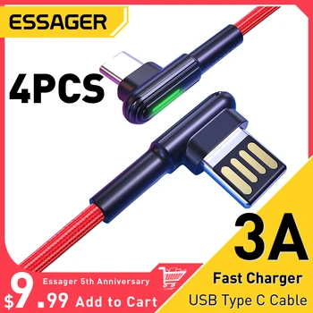 Essager 3A Светодиодный 90 Градусов USB Type C Кабель Для Samsung Xiaomi Huawei P40 Зарядное Устройство Для Быстрой Зарядки USB-C Дата-Кабель Type-C Провод Шнур