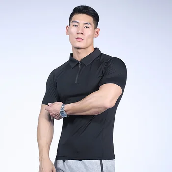 Мужская Спортивная футболка с коротким рукавом, быстросохнущая футболка для бега, дышащий топ для фитнеса, рубашки для тренажерного зала с отворотом на молнии, мужская одежда