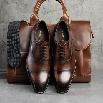 Мужские туфли-Оксфорды Из Кожи с квадратным носком на низком трехслойном кружевном Каблуке, Модные Классические Деловые Повседневные модельные туфли для Вечеринок