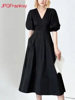 Черное платье с пышными рукавами в стиле Хепберн, летнее платье 2023 с V-образным вырезом, темпераментное французское винтажное платье трапециевидной формы с длинной талией для чаепития