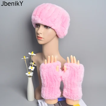 Один Комплект, Женская манжета из натурального меха кролика Рекс + повязка на голову, зимняя теплая шапка, рукав на запястье, перчатки, Женская шапка из натурального меха + эластичный браслет