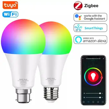 Tuya или Zigbee Умная светодиодная лампа E27 B22 12 Вт 15 Вт WiFi лампа RGB С Регулируемой яркостью Лампочки 110 В 220 В Работают с приложением Smart Life