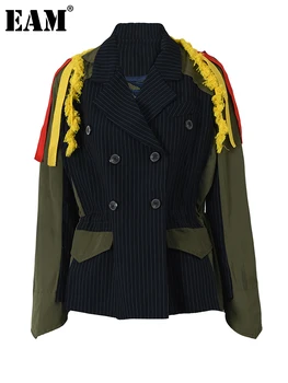 [EAM] Зеленая куртка в полоску с цветными блоками и кисточками Большого Размера, Новое Женское пальто Свободного кроя с лентой на лацкане, Модное Весенне-осеннее Пальто 2023 JZ52106
