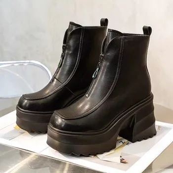 Женские ботильоны на платформе, модные короткие ботинки на молнии, Новинка зимы 2022 года, Удобная повседневная брендовая обувь на среднем каблуке для девочек, черный