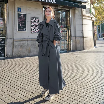 Gabardina holgada para mujer, abrigo de estilo coreano largo con cinturón y doble fila de botones, prenda de ropa color gris ide