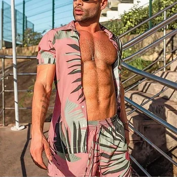 Мужские Гавайские Тропические Пляжные комплекты Розовой Праздничной одежды с цветочным принтом в виде пальмовых листьев, тонкий дышащий Комплект из двух предметов с коротким рукавом