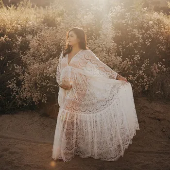 Летнее Белое Кружевное Длинное Платье для Фотосессии беременных с V-образным вырезом в стиле Бохо, Макси-платье Для фотосессии беременных