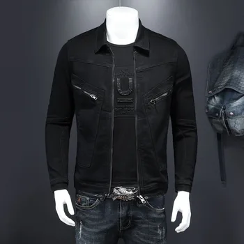 Мужская джинсовая куртка с локомотивом на черной молнии, простой дизайн на молнии, Однотонная мужская Джинсовая куртка с лацканами, Мужская Джинсовая куртка, мужская Джинсовая куртка