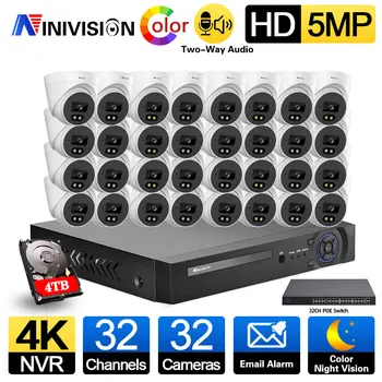 H.265 32CH 8MP NVR Система камеры Безопасности 5MP Внутренняя Купольная Двухсторонняя Аудио POE IP-камера Видеонаблюдения Цветная Ночная Камера Комплект