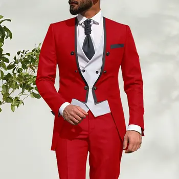 Новый Элегантный Костюм 2021 Homme с воротником-стойкой, Красный, для званого ужина, Одежда Жениха, Мужские Свадебные костюмы Для Мужчин, Смокинг для выпускного вечера, Блейзер, 3 предмета в комплекте