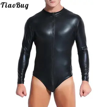 Tiaobug Мужские черные Боди для плавания с длинным рукавом, материал искусственной кожи для ночных клубов, трико для танцев на шесте, молнии спереди