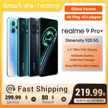 Глобальная версия Realme 9 Pro Plus 5G Dimensity 920 Sony Imx766 Ois Камера 60 Вт Superdart Amoled Дисплей (штепсельная вилка США + адаптер)