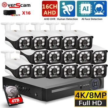 Набор Аналоговых камер Видеонаблюдения с Распознаванием лиц 16CH 4K DVR Kit Night Vision AHD Camera Комплект Системы видеонаблюдения 8CH