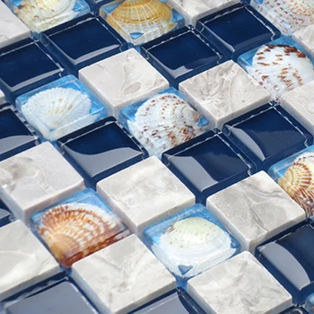 Мозаика из синего и белого стекла, каменная плитка, мозаика в виде ракушки для украшения ванной комнаты со СПА