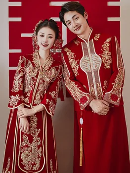 Китайская Невеста, Красное Велюровое Свадебное платье, Древний костюм Дракона Феникса, Блестки, Вышивка Бисером, Платье для Тостов