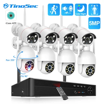 TinoSec 8CH 5MP WiFi Комплект камеры H.265 с Поворотом на 355 ° PTZ-Камера с Обнаружением Искусственного Интеллекта, Автоматическое Отслеживание, Комплект видеонаблюдения Ночного Видения