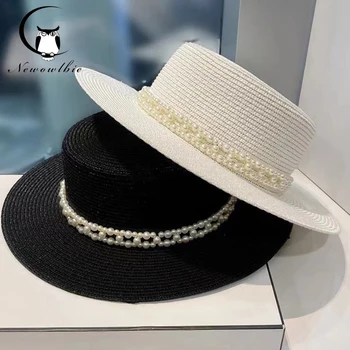 2023 Элегантная солнцезащитная шляпа с жемчужной цепочкой, Женская соломенная шляпа с большим карнизом, Летняя пляжная шляпа для отдыха с защитой от ультрафиолета