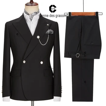 Centne Des Graoom/Новые свадебные мужские костюмы, черный Смокинг, пальто-пиджак, брюки-джекер, Двубортный отворот с золотой пуговицей и цепочкой