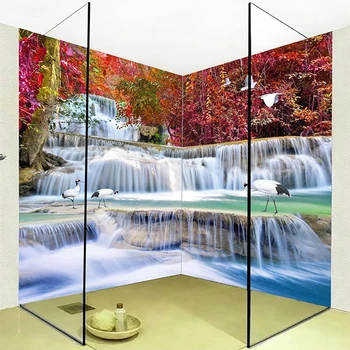 Пользовательские настенные обои 3D Стерео Водопад Лесной пейзаж Фреска Обои для ванной Комнаты Настенная роспись ПВХ самоклеящаяся водонепроницаемая наклейка