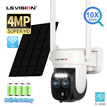 LS VISION 2K Двухобъективная WIFI Солнечная Камера На Открытом Воздухе с 10-кратным Оптическим Зумом, Двухстороннее аудио, Цветная Камера Ночного Видения, Встроенная Камера Безопасности с Аккумулятором