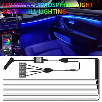 Светодиодная лента окружающего освещения автомобиля 9 В 1 RGB с управлением через приложение Для Декоративной атмосферы интерьера Автомобиля 64-Цветная лампа с Водопадом