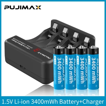Перезаряжаемая батарея PUJIMAX AA 1,5 V 3400mWh + 4 Слота Литиевой Батареи, Специальное Зарядное устройство для быстрой зарядки с USB-кабелем и коробкой