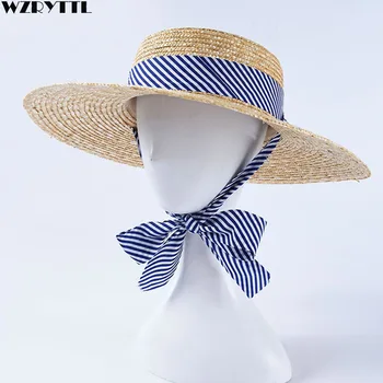 2019 Новые женские шляпы из пшеничной соломы с широкими полями, летняя пляжная шляпа от солнца с темно-синей полосатой лентой, галстук-канотье, кепка-дерби