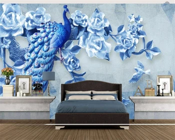 Обои на заказ Beibehang Китайский рельефный Синий Павлин Пион ТВ фон Гостиная спальня фоновая стена 3D обои