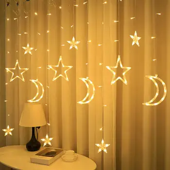 Горячая распродажа, Украшения для праздника Ид Мубарак Рамадан в форме Луны и звезды, светодиодный занавес для праздника