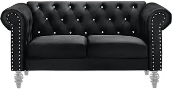 Emma Velvet Двухместный диванчик в стиле Честерфилд для небольших помещений с хрустальными пуговицами, черный тест Focv