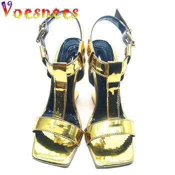 Женские босоножки с Т-образным ремешком на лодыжке, модельная обувь для подиума, необычный каблук сзади, модные вечерние туфли-лодочки Большого размера с квадратным носком на высоком каблуке