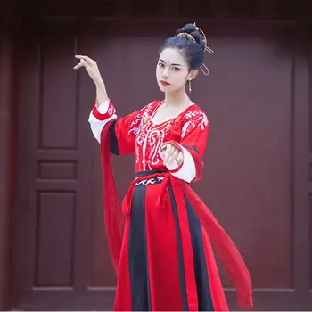 Вышитый костюм Hanfu женский костюм Феи Косплея с круглым воротником, костюм для выступлений в китайском стиле, платье для древних народных танцев