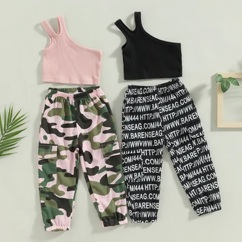 Летняя Одежда для маленьких девочек из 2 предметов, топы в рубчик на одно плечо + брюки с камуфляжным или буквенным принтом для детей 1-6 лет