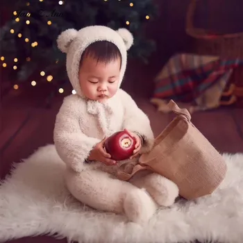 Костюм медвежонка для новорожденных, одежда для фотосъемки, бархатный комбинезон + шляпа, осенне-зимний костюм для фотосъемки ребенка 1 года, одежда для фотосъемки