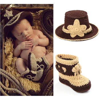 Вязаная крючком Детская ковбойская шляпа и сапоги коричневого цвета, реквизит для фотосессии новорожденного мальчика, вязаная детская шапочка ручной работы и пинетки H034