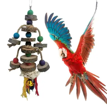Игрушки для разрывания натуральных блоков Parrot с крючком, разноцветные деревянные бусины, Жевательная игрушка для маленьких средних птиц