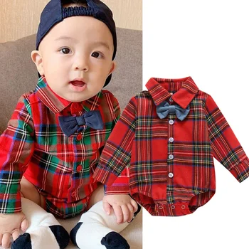 Джентльменская Одежда для новорожденных мальчиков, комбинезон, клетчатое боди с длинным рукавом и бантом, цельная одежда от 0 до 24 месяцев