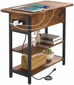 Столик с зарядной станцией, Боковой столик с откидной крышкой с USB-портами и розетками, Диван-кушетка, прикроватный столик для гостиной