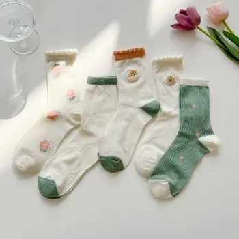Летние короткие чулочно-носочные изделия в японском стиле с милым цветочным Принтом, хлопковые сетчатые носки