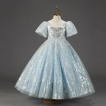 Детские Вечерние платья с цветочным узором для девочек на свадьбу, Небесно-Голубое Длинное Роскошное Вечернее платье 2023 года, костюм Принцессы, Детское вечернее платье с блестками