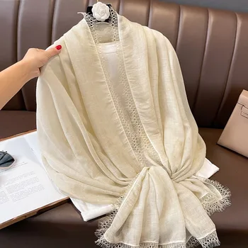 Кружевной шарф из хлопка и льна, Женская весенне-летняя художественная шаль из тонкого риса кремового цвета, осень-зима, модный шарф высокого класса в стиле ретро