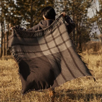 Большой квадратный шарф-одеяло, шаль Двойного назначения, женский кофейно-бежевый клетчатый шарф из чистой шерсти на весну, осень и зиму